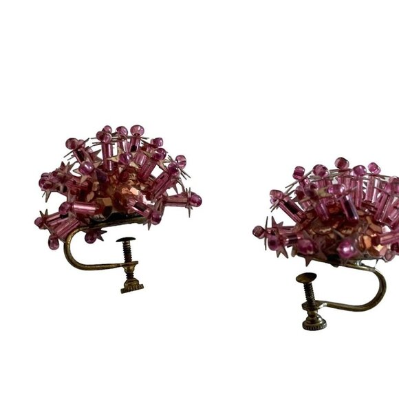 Vintage Screw Back Earrings Sequin and Bead Pink and Gold Cork 1" - Picture 8 of 10